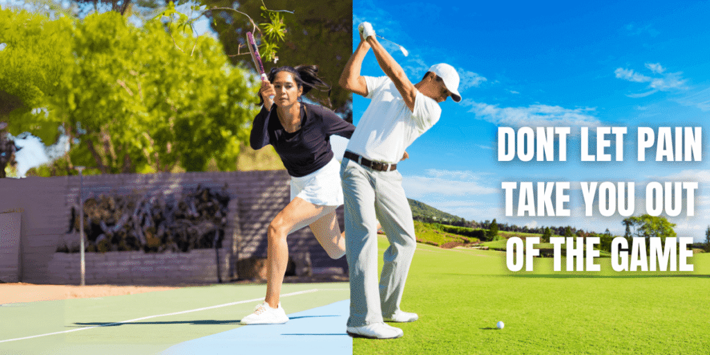 Image of a man playing golf and a woman playing tennis. Don’t let pain take you out of the game. Discover conditions treated with chiropractic care in Jupiter, FL, and how it can provide holistic pain relief.